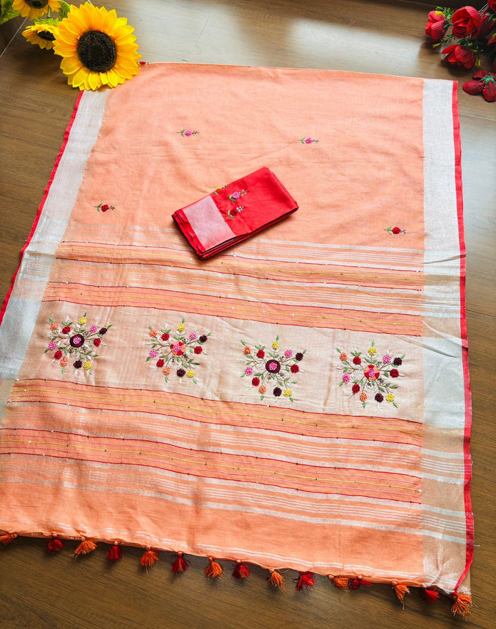 Arty-Crafty Pure Hand Embroidered Linen Saree
