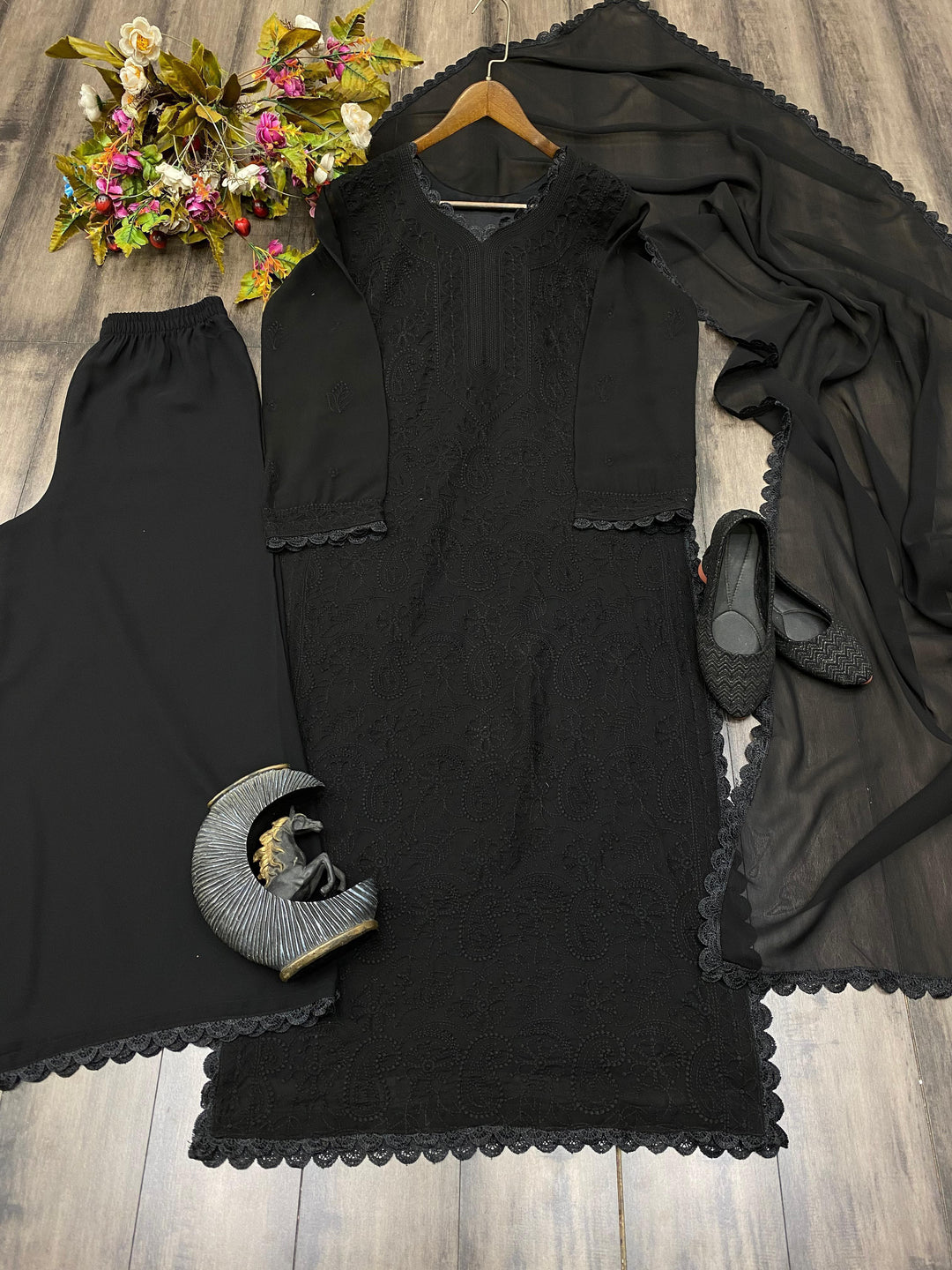 Breeze Bloom Georgette Black Kurti Set