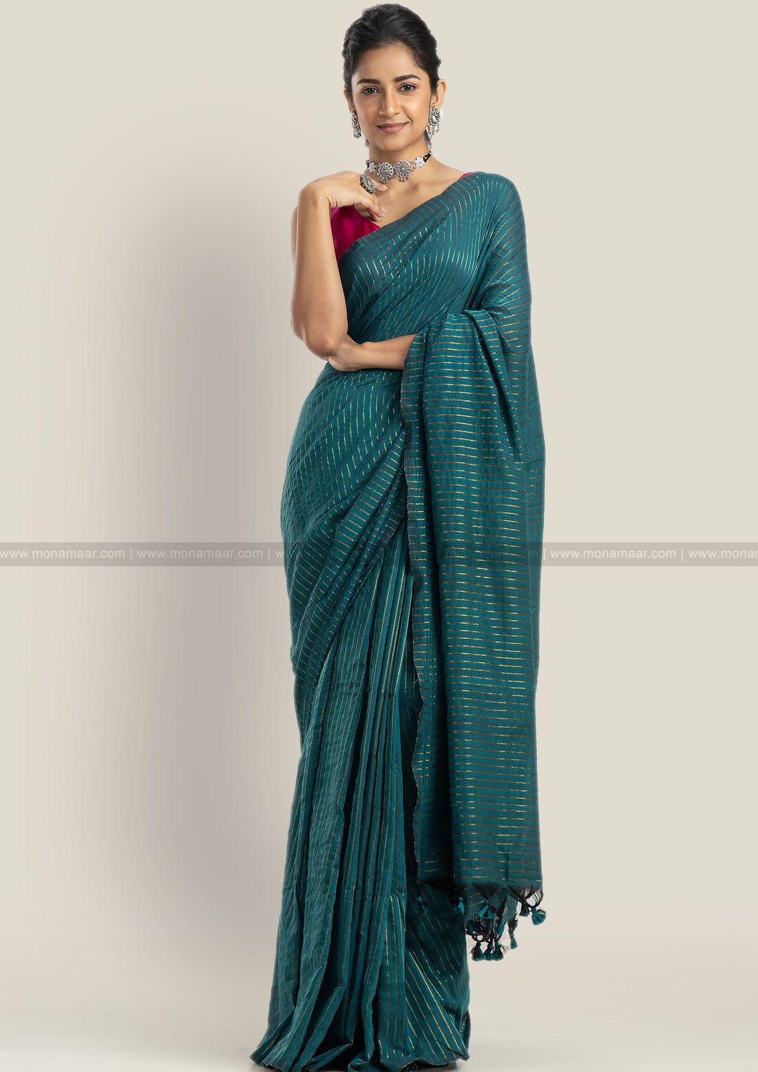 Bengal Khadi Saree Green Stripe