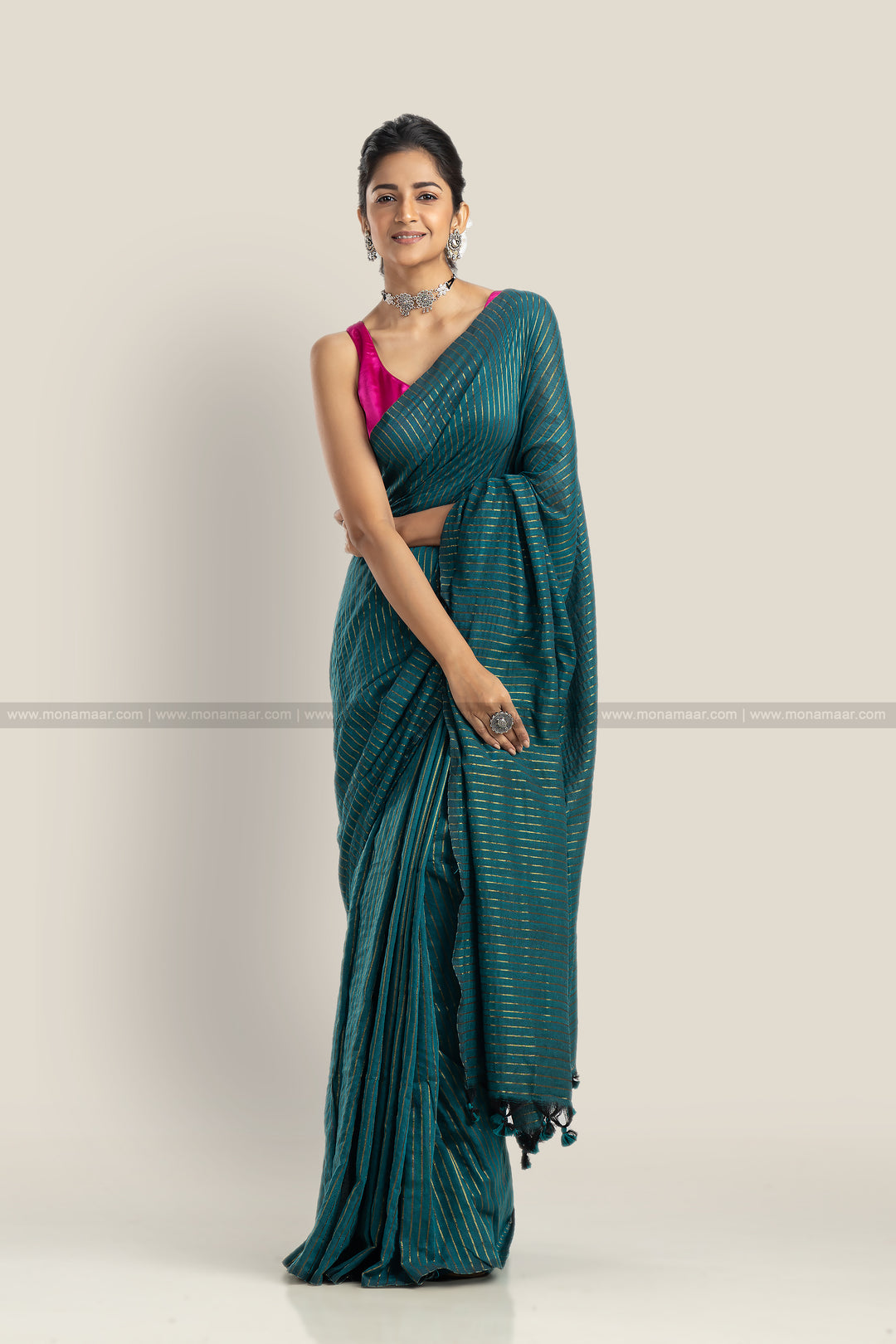 Bengal Khadi Saree Green Stripe