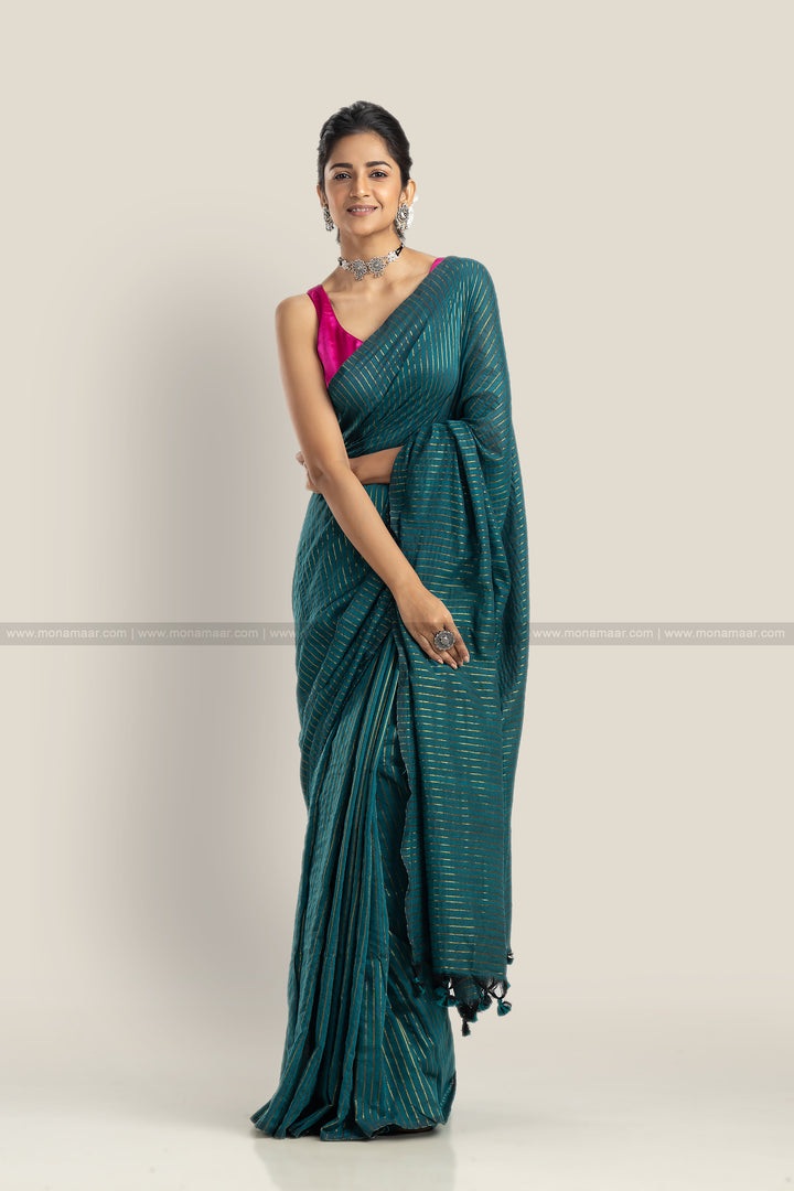 Bengal Khadi Saree Green Stripe