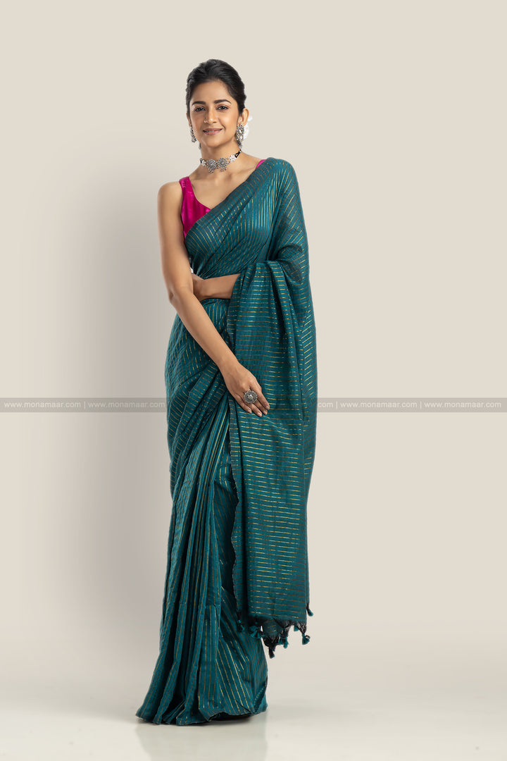 Bengal Khadi Saree Green Stripe