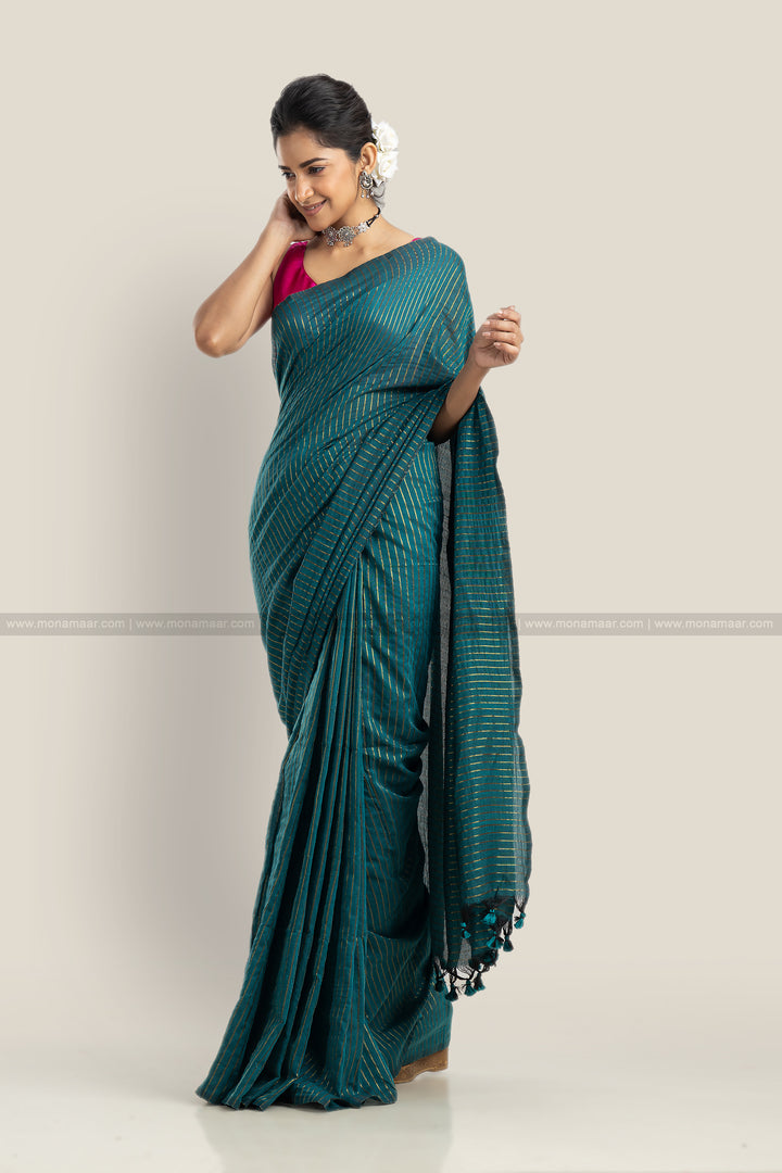 Bengal Khadi Saree Green Stripe