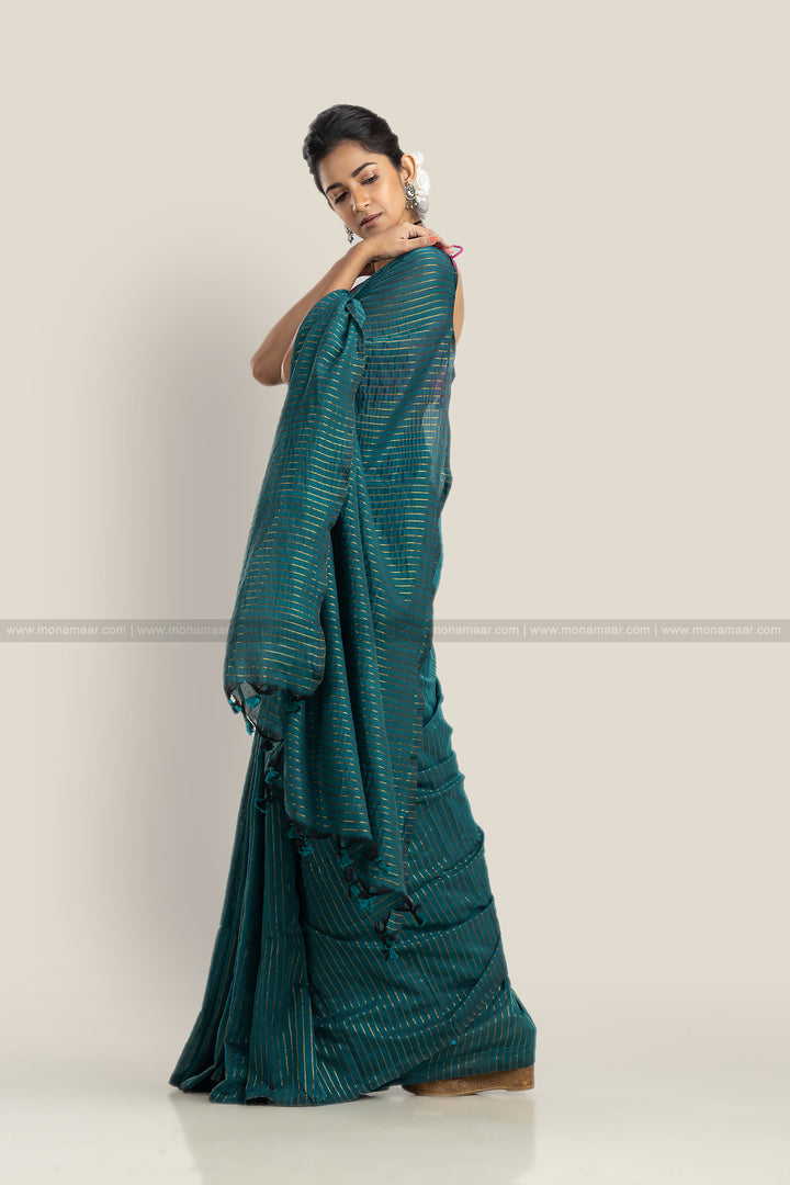 Bengal Khadi Saree Green Stripe