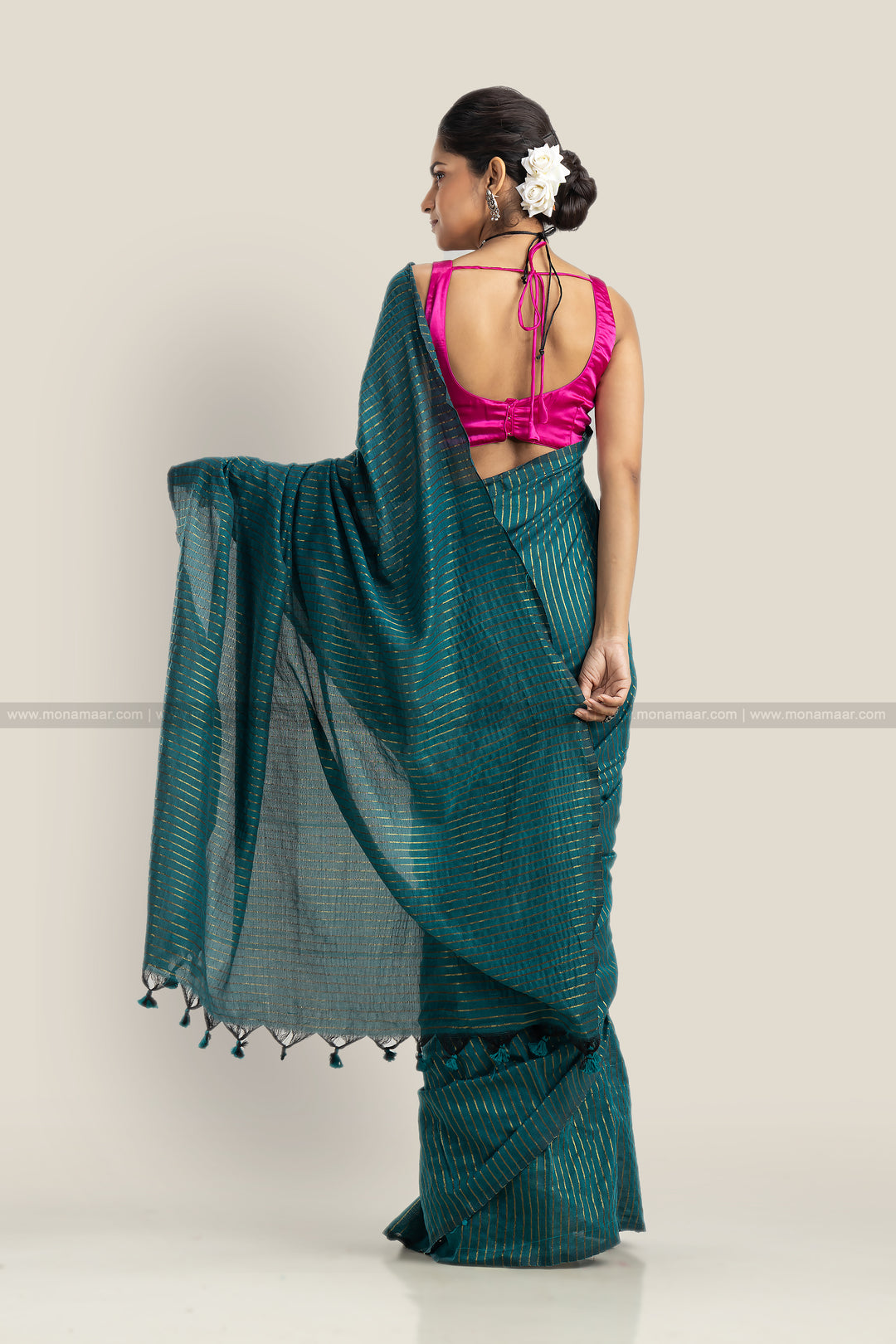 Bengal Khadi Saree Green Stripe