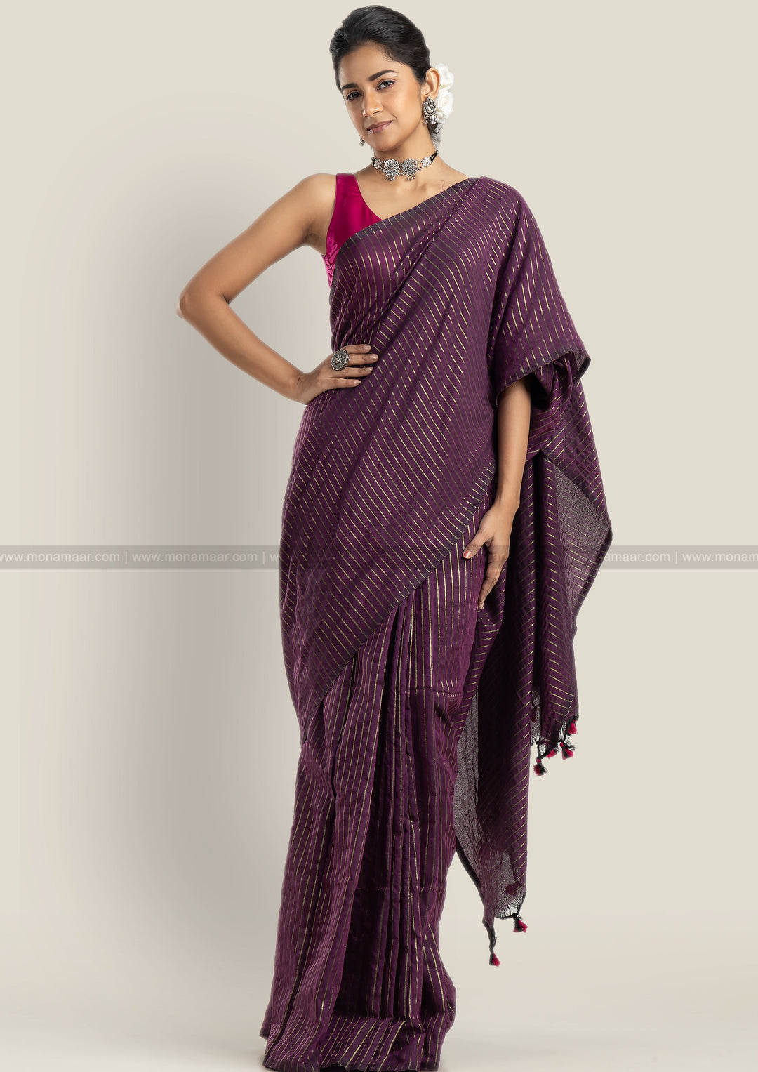 Bengal Khadi Saree Purple Stripe