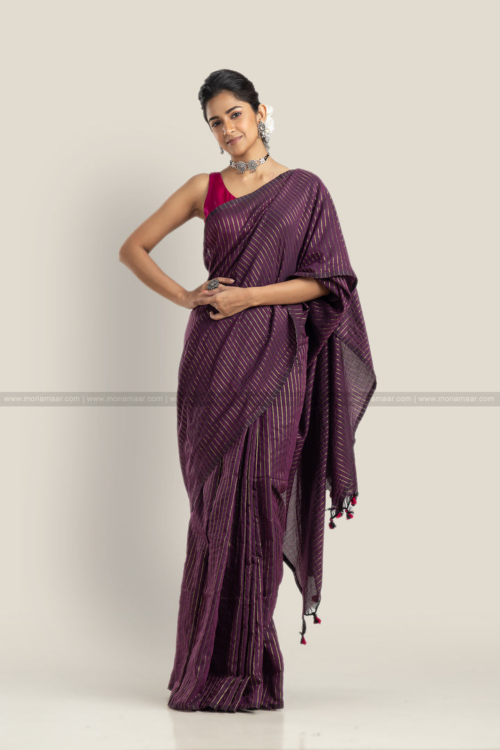 Bengal Khadi Saree Purple Stripe
