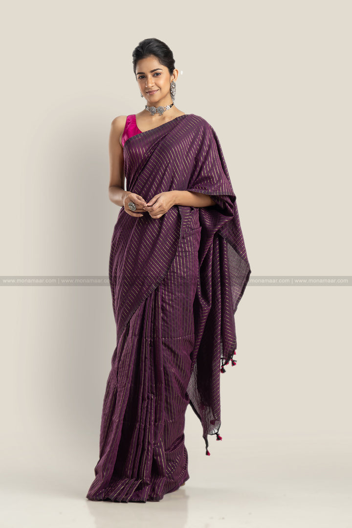 Bengal Khadi Saree Purple Stripe
