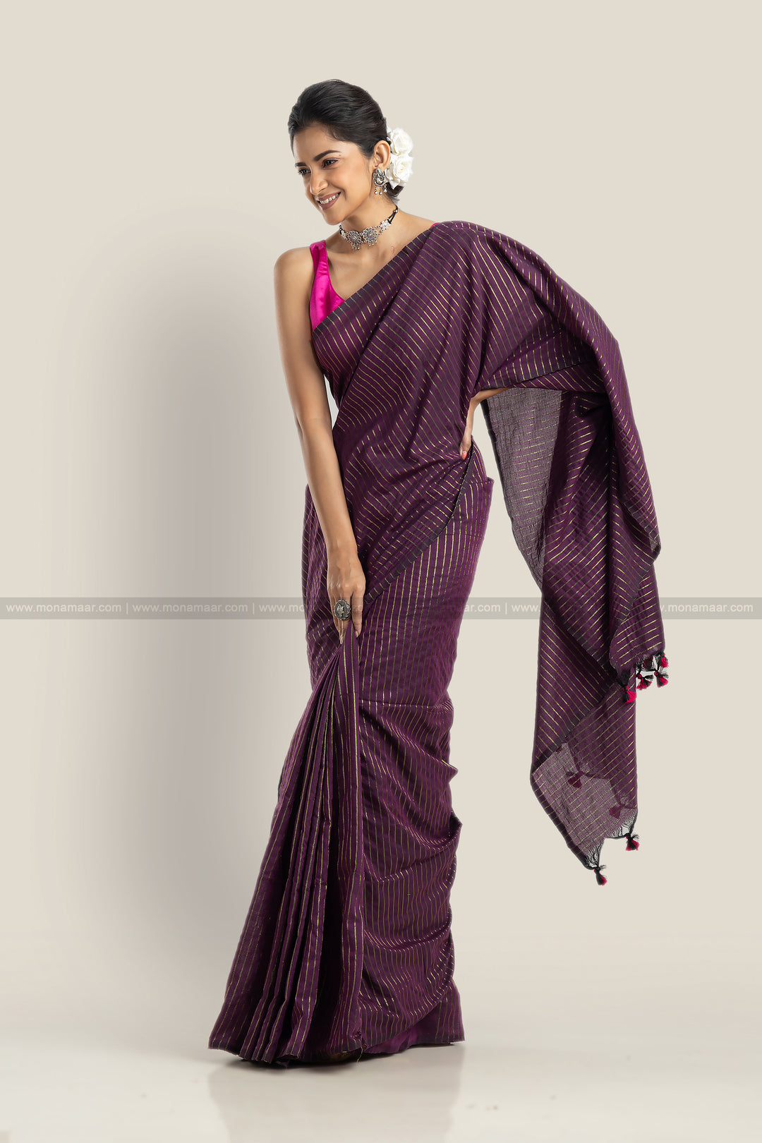 Bengal Khadi Saree Purple Stripe