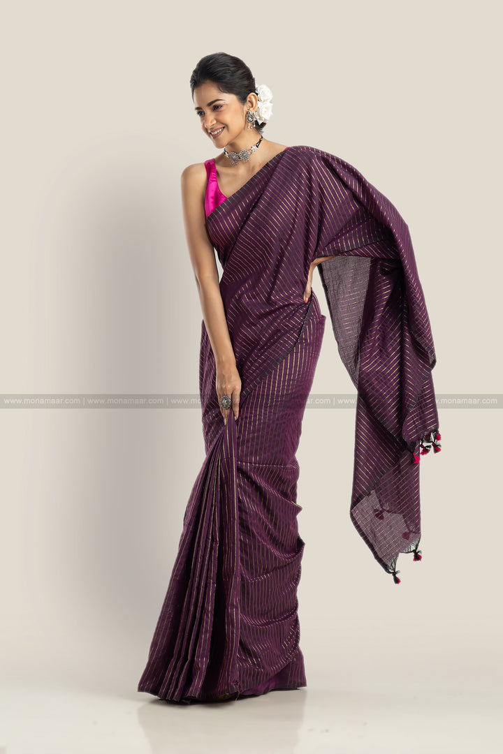 Bengal Khadi Saree Purple Stripe