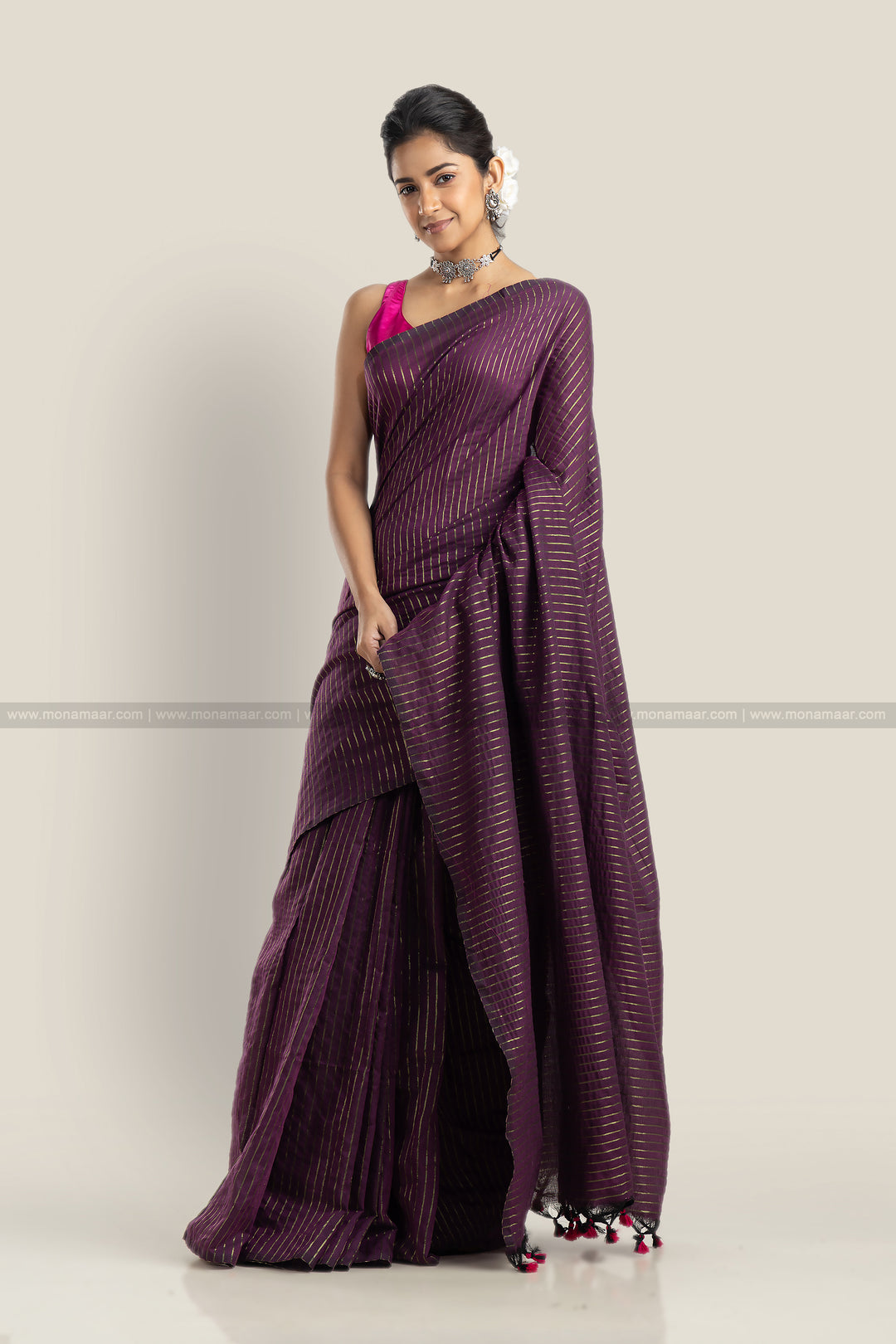 Bengal Khadi Saree Purple Stripe