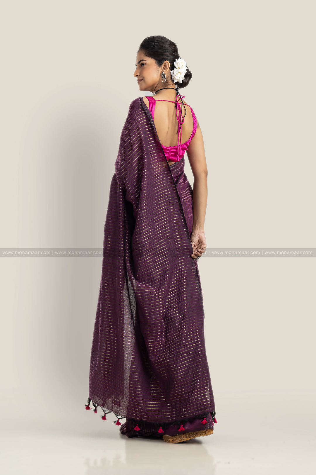 Bengal Khadi Saree Purple Stripe