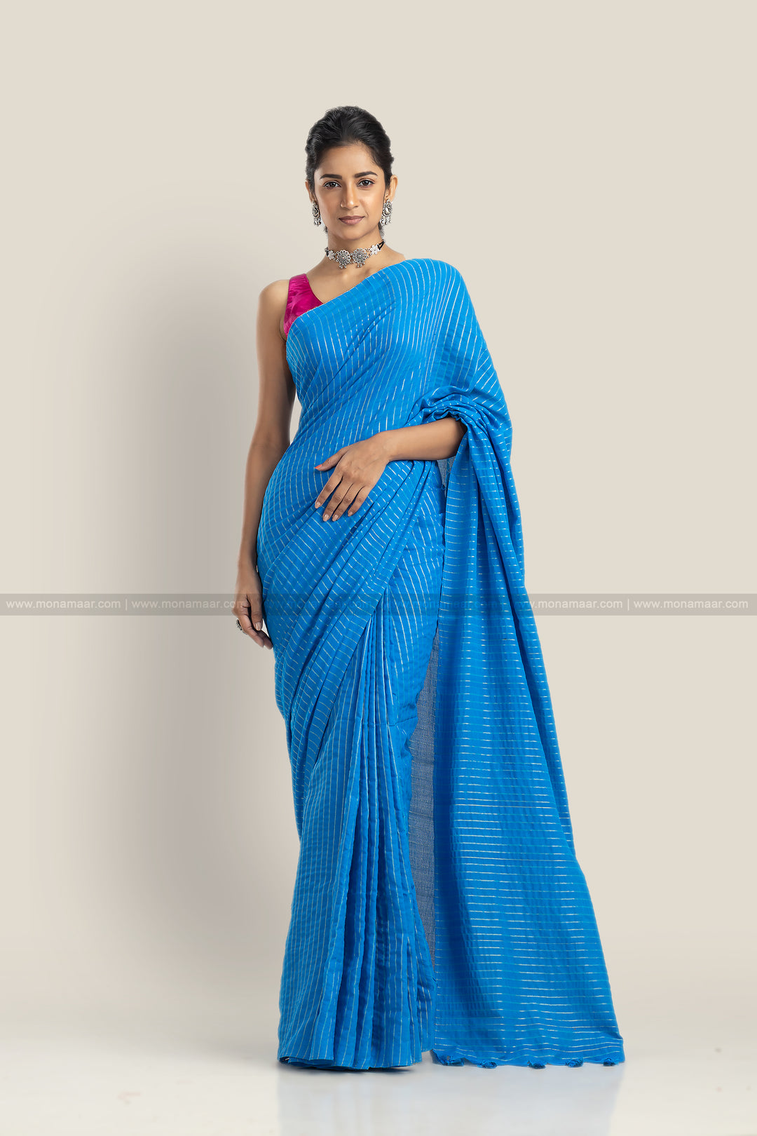 Bengal Khadi Saree Sky Blue Stripe