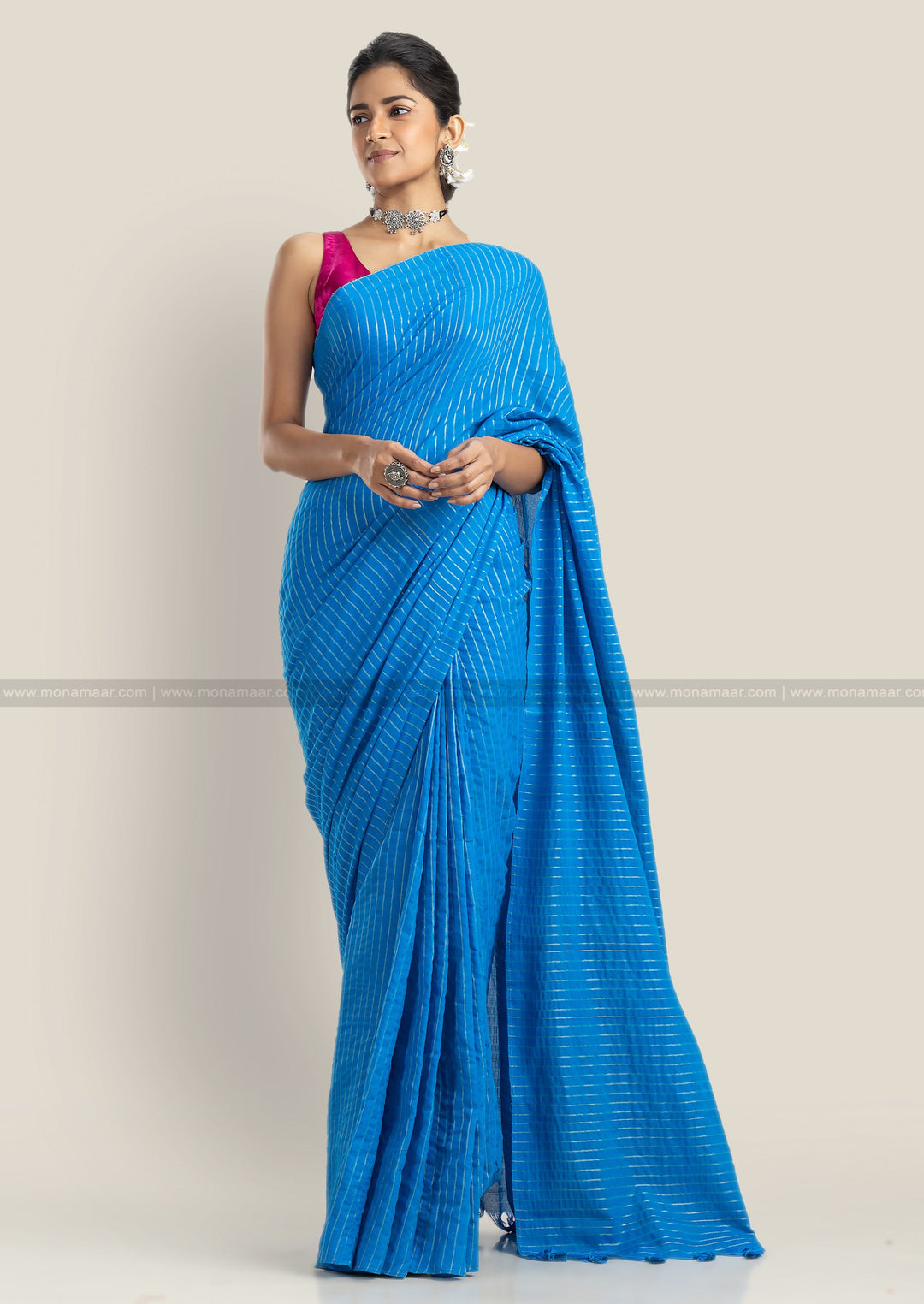 Bengal Khadi Saree Sky Blue Stripe