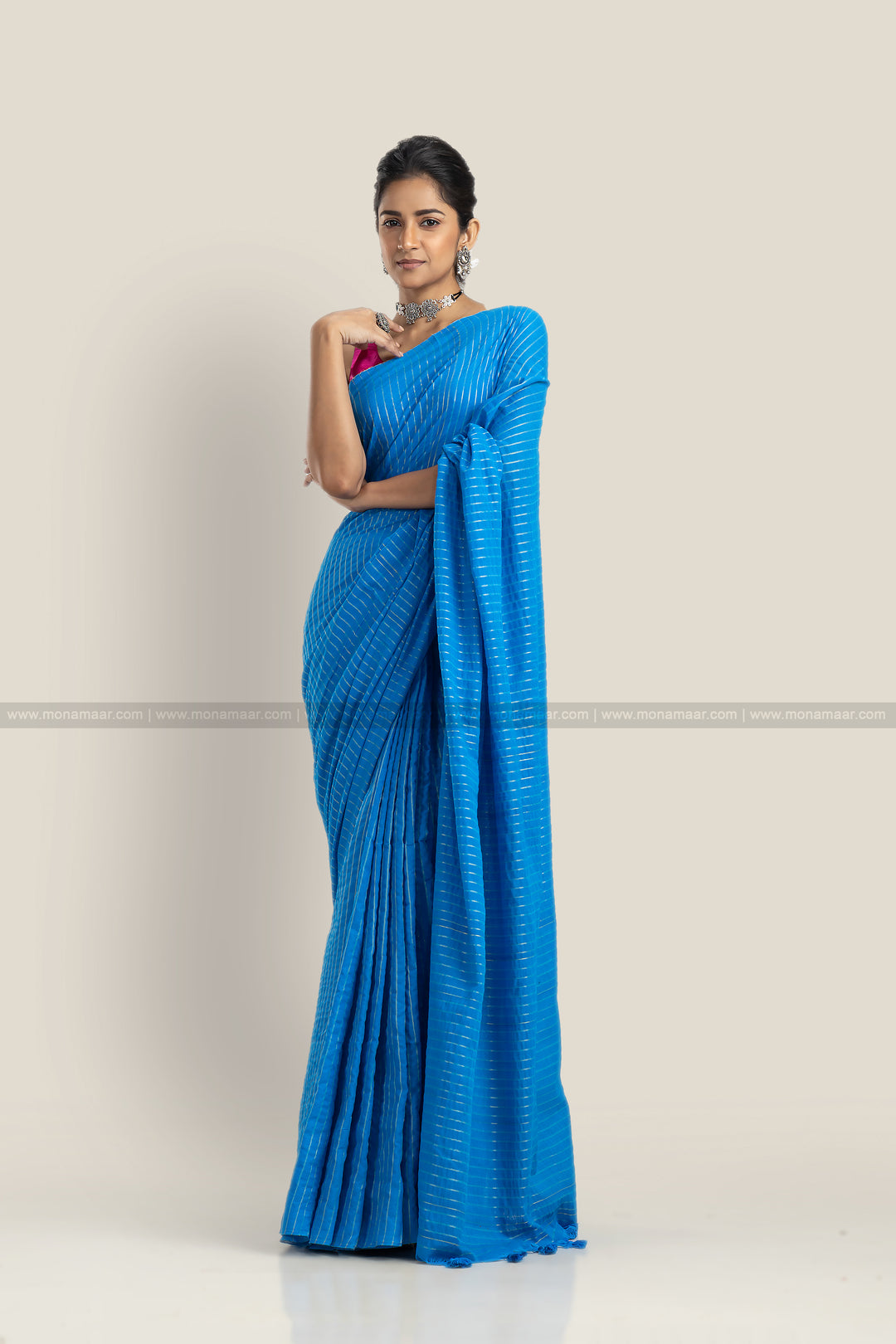 Bengal Khadi Saree Sky Blue Stripe