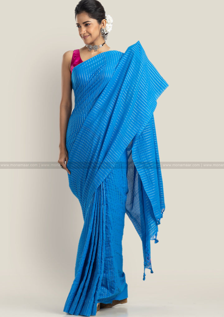Bengal Khadi Saree Sky Blue Stripe