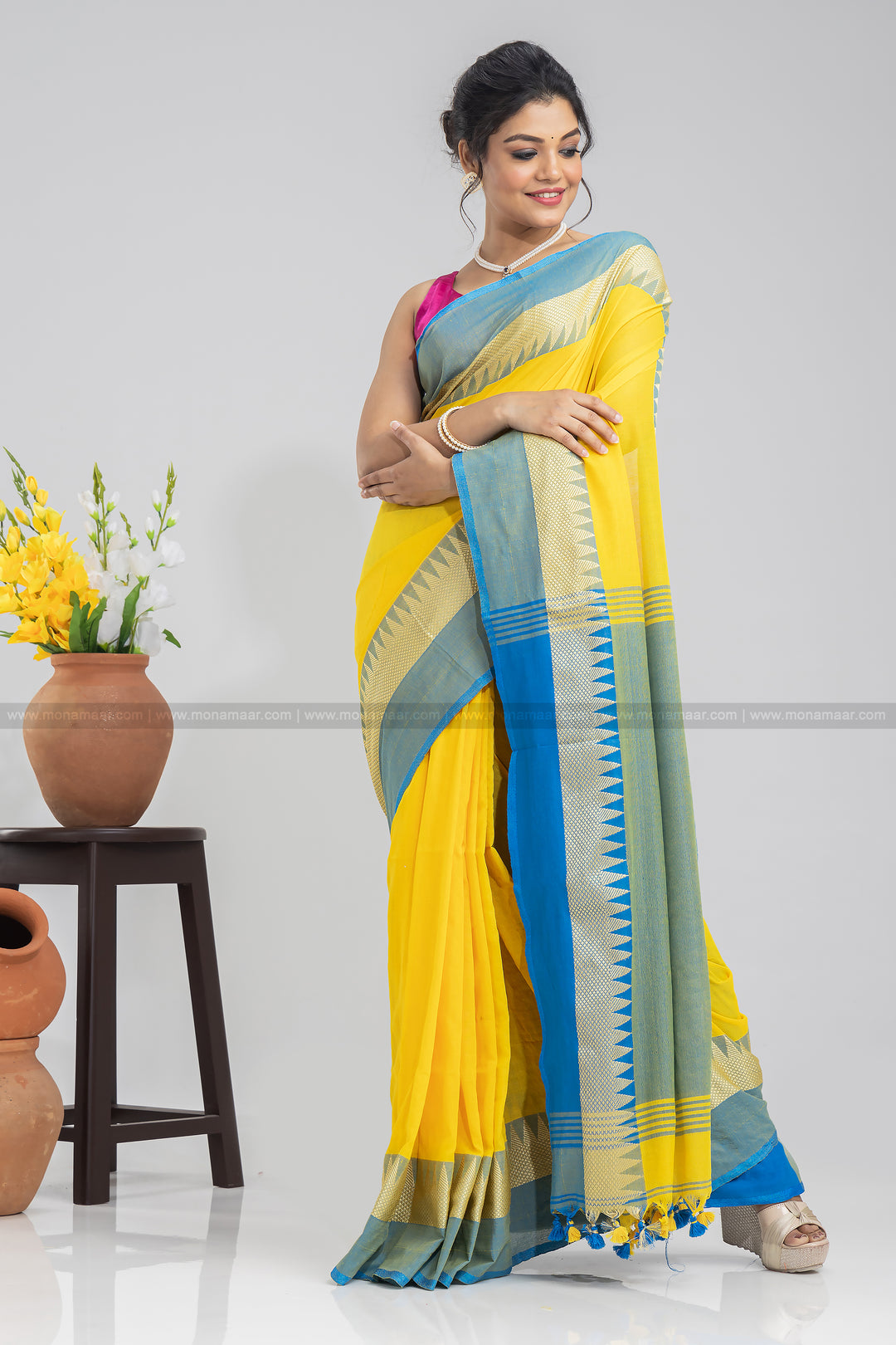 Yellow Flowers Khadi Cotton Saree