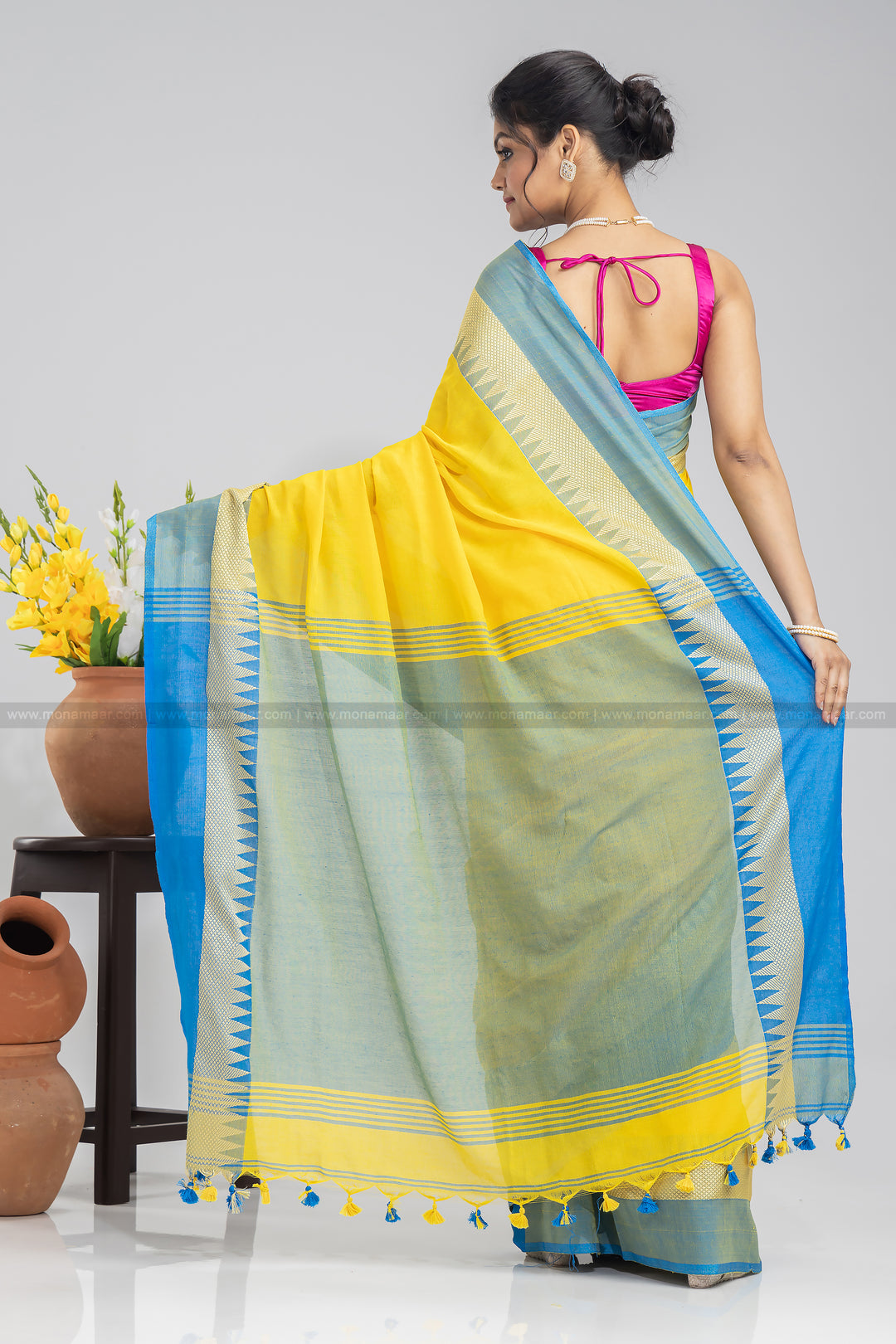 Yellow Flowers Khadi Cotton Saree