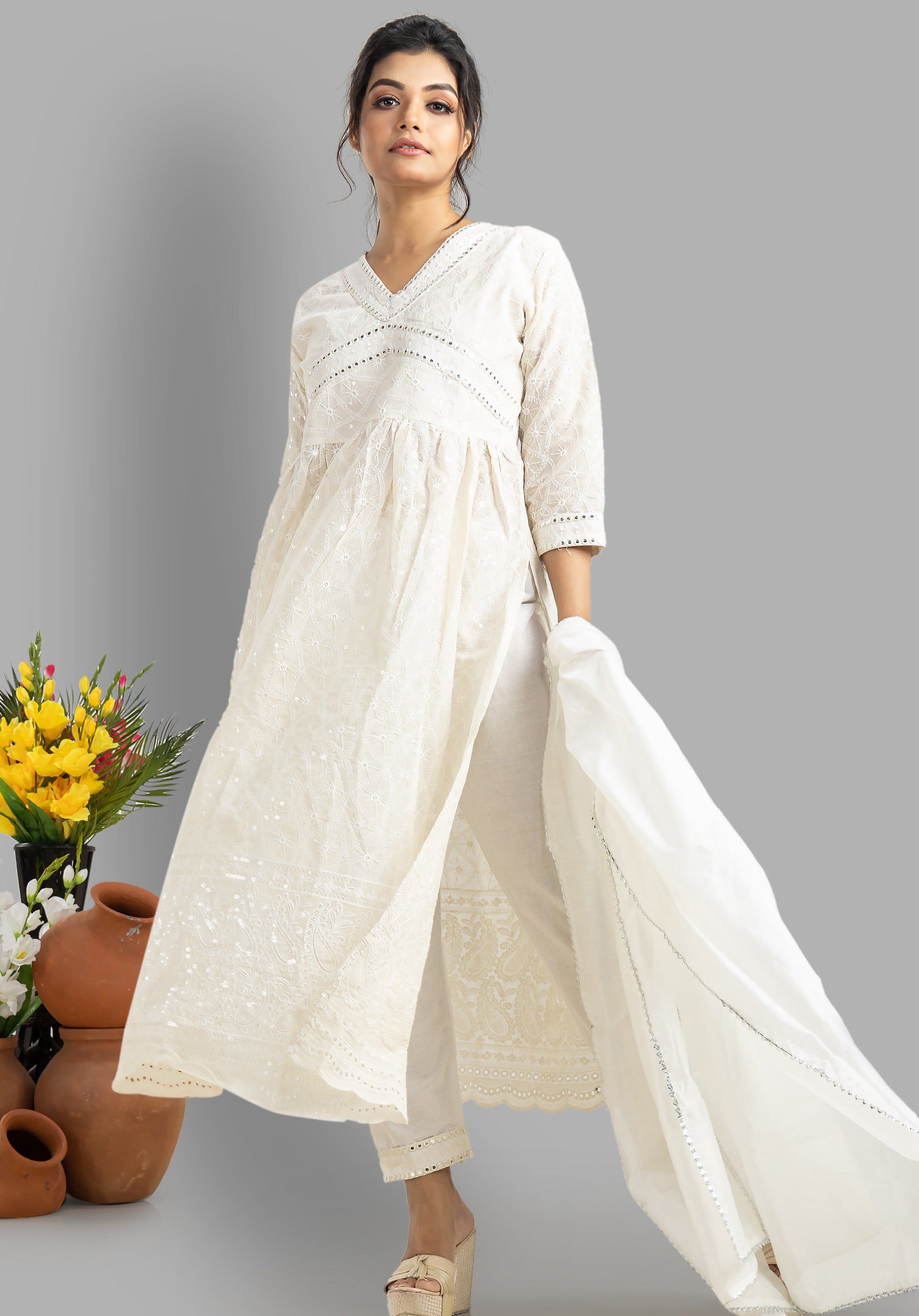 white alia cut dress Soch Womens Off White Cotton Embroidered Alia-Cut Dress With Cutdana