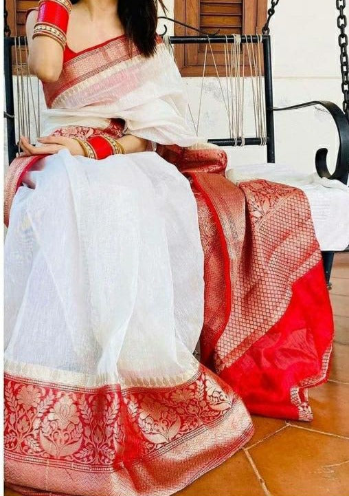 Red White Pure Handwoven Silk Linen Banarasi Saree