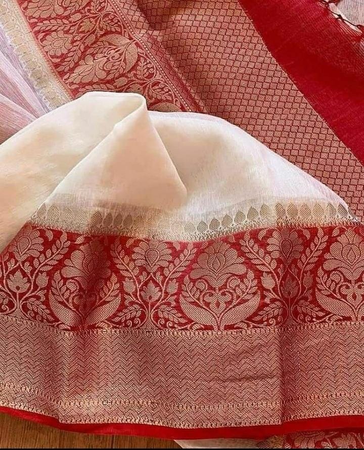 Red White Pure Handwoven Silk Linen Banarasi Saree