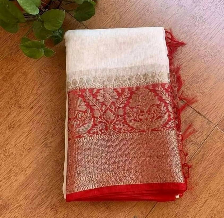 Red White Pure Handwoven Silk Linen Banarasi Saree