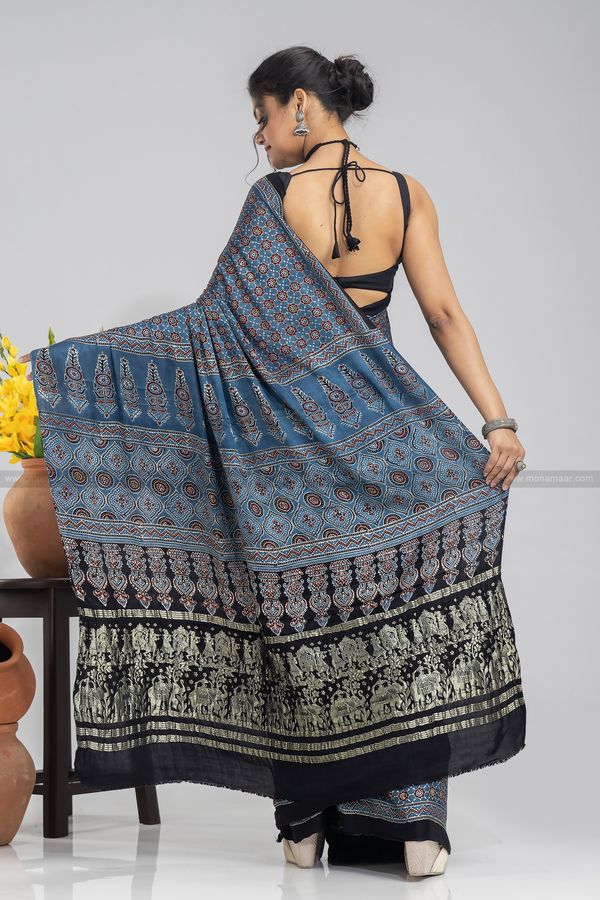 Ajrakh Block Printed Saree