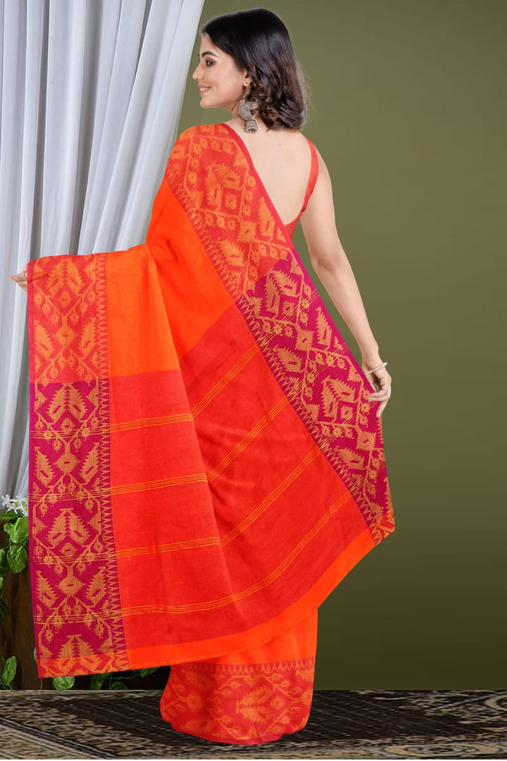 Orange with Pink Bengal Cotton Saree