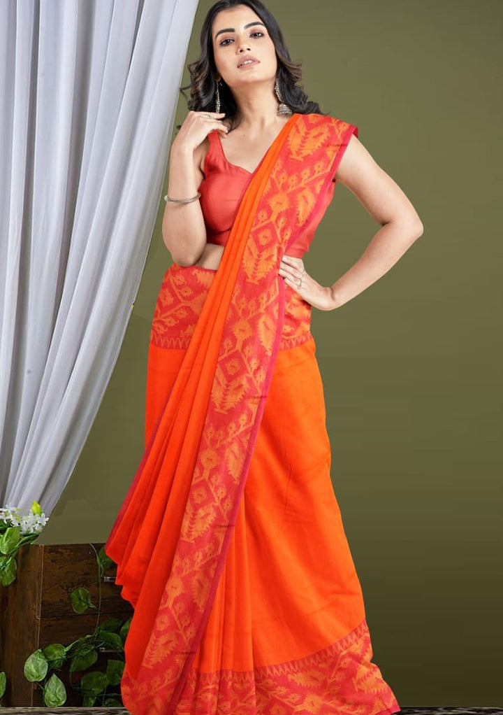 Orange with Pink Bengal Cotton Saree