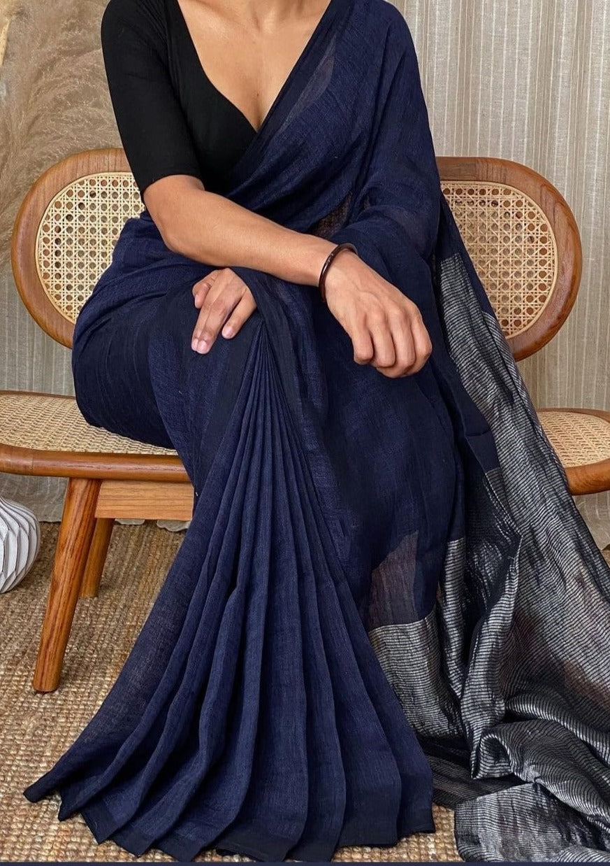 Formal Blue Pure Khadi Cotton Saree – Monamaar - Main Image