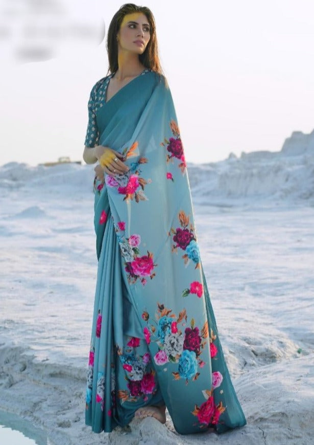 Blue Rose Designer Satin Saree
