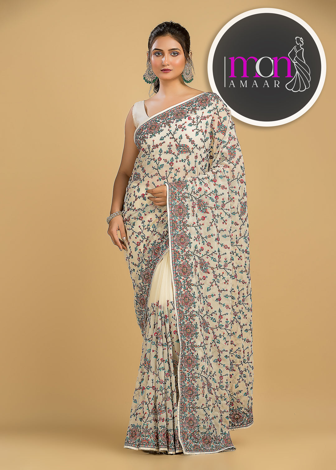 Heaven On Earth Floral Embroidery Saree (Whitest Beauty)