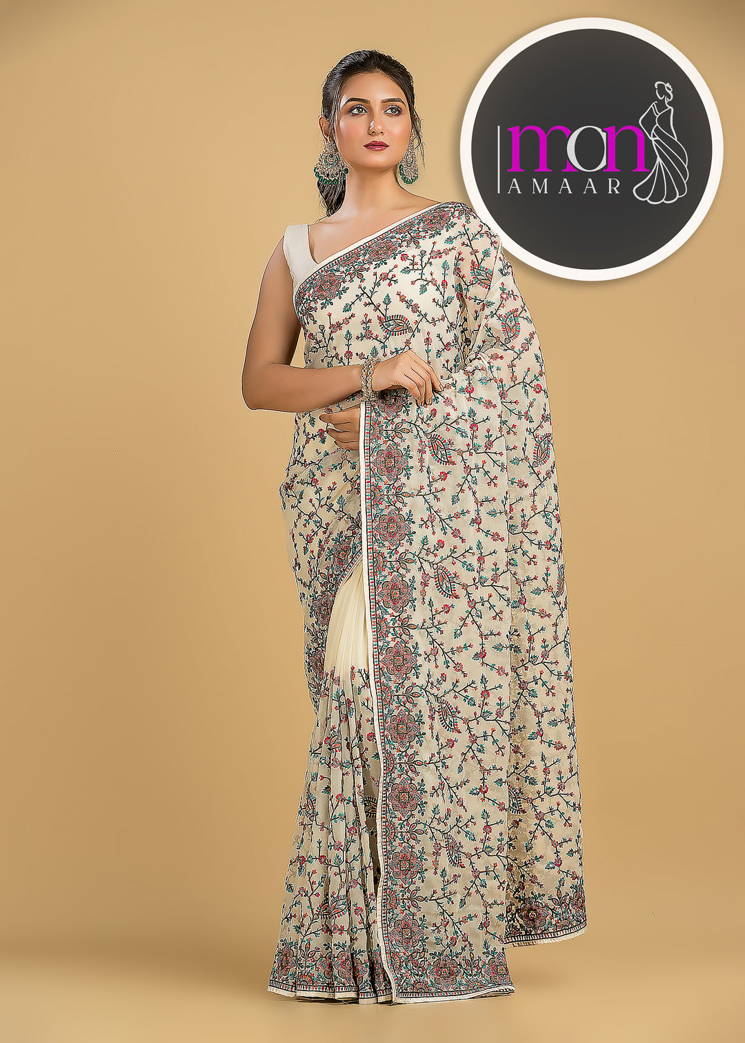 Heaven On Earth Floral Embroidery Saree (Whitest Beauty)