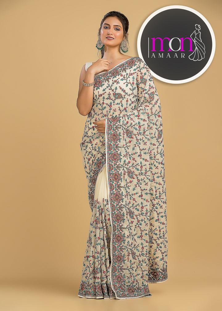 Heaven On Earth Floral Embroidery Saree (Whitest Beauty)