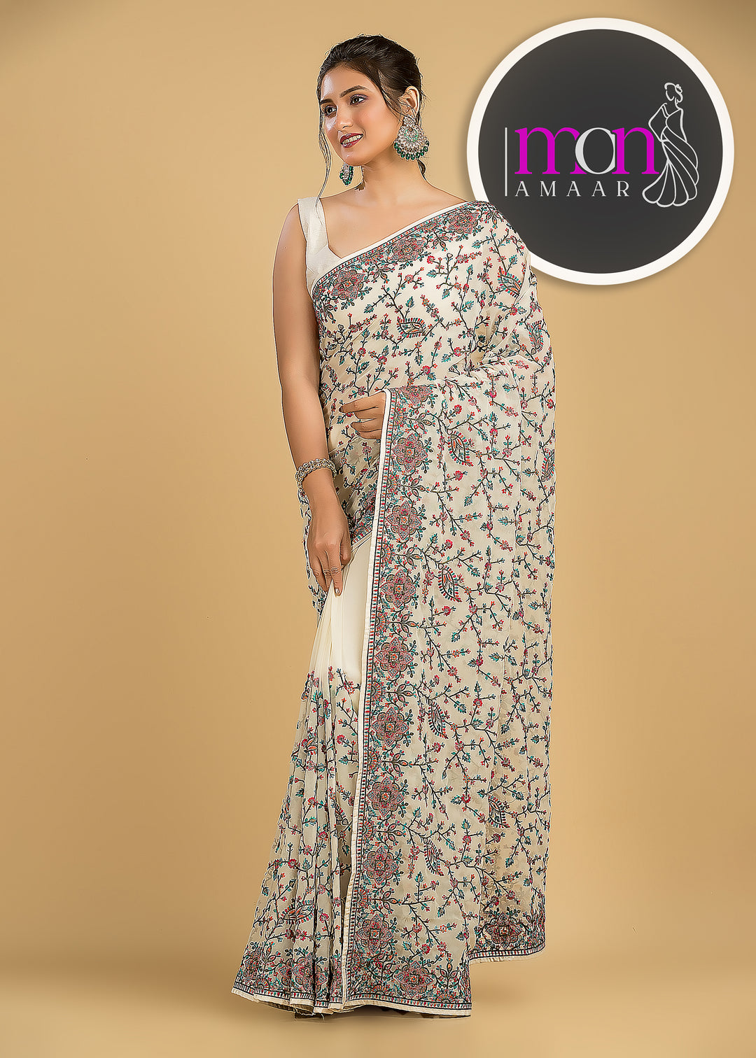 Heaven On Earth Floral Embroidery Saree (Whitest Beauty)