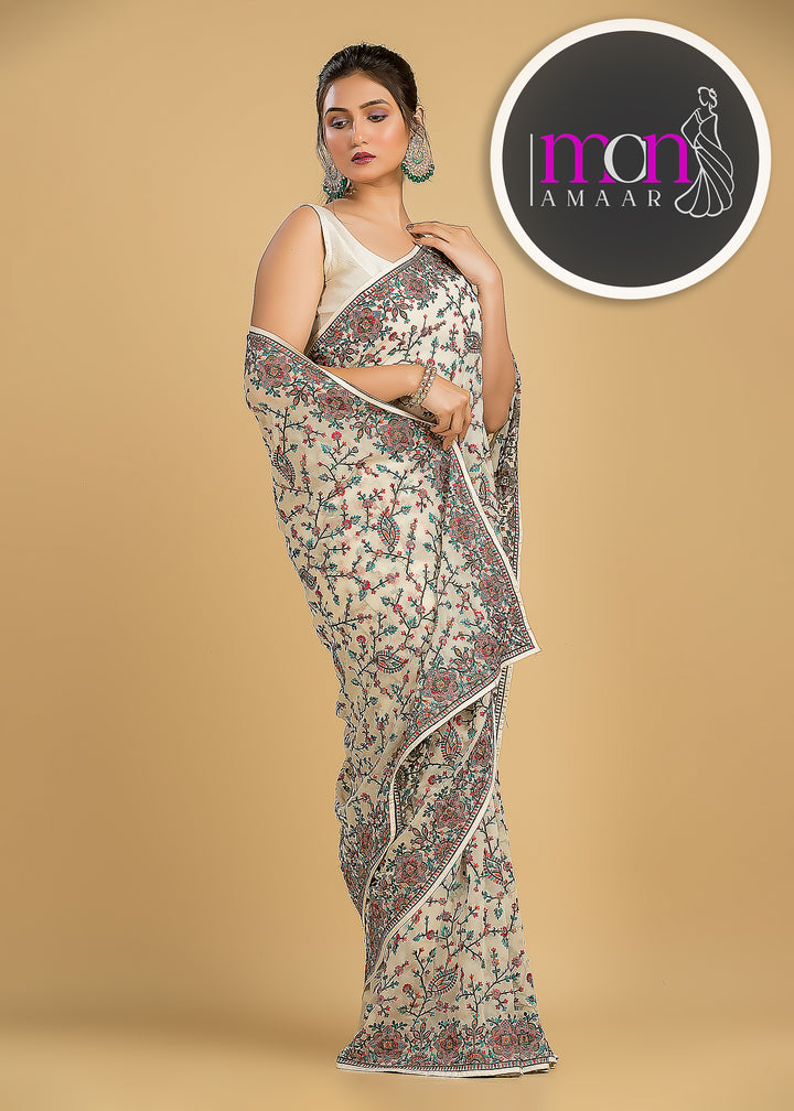 Heaven On Earth Floral Embroidery Saree (Whitest Beauty)