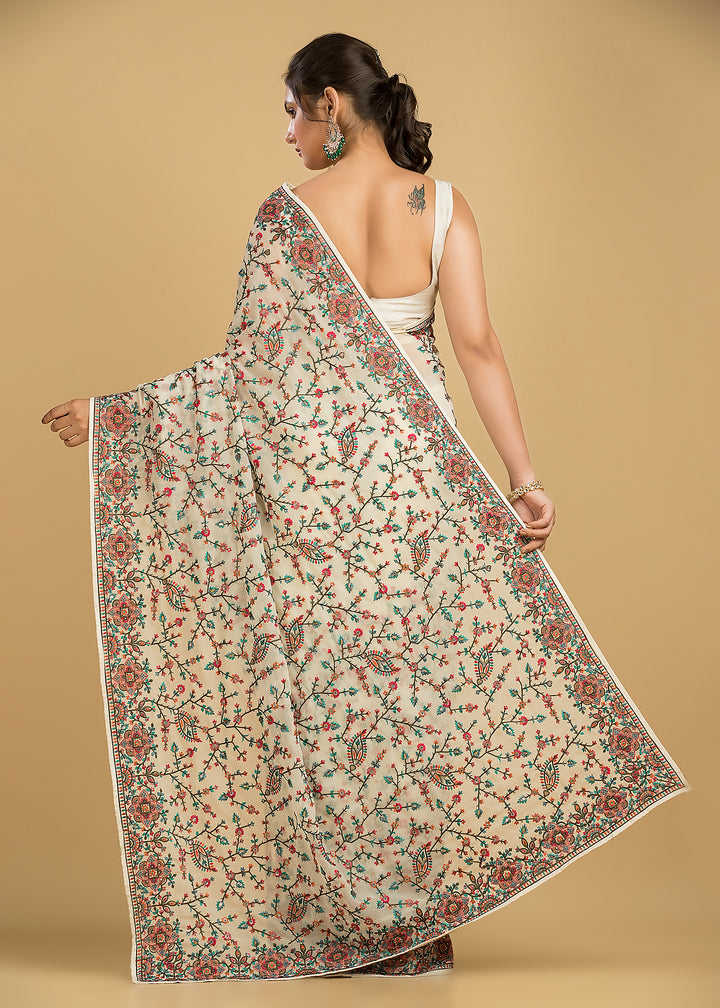 Heaven On Earth Floral Embroidery Saree (Whitest Beauty)