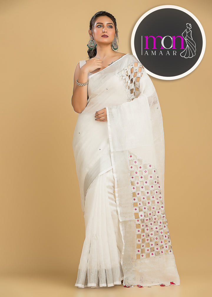 White Air  (Pure  Linen Saree with Cut Work)