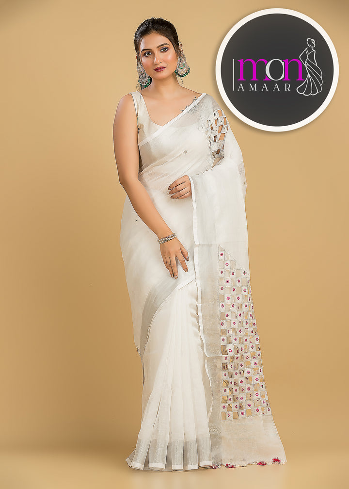 White Air  (Pure  Linen Saree with Cut Work)