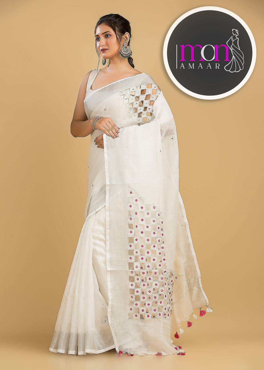 White Air  (Pure  Linen Saree with Cut Work)