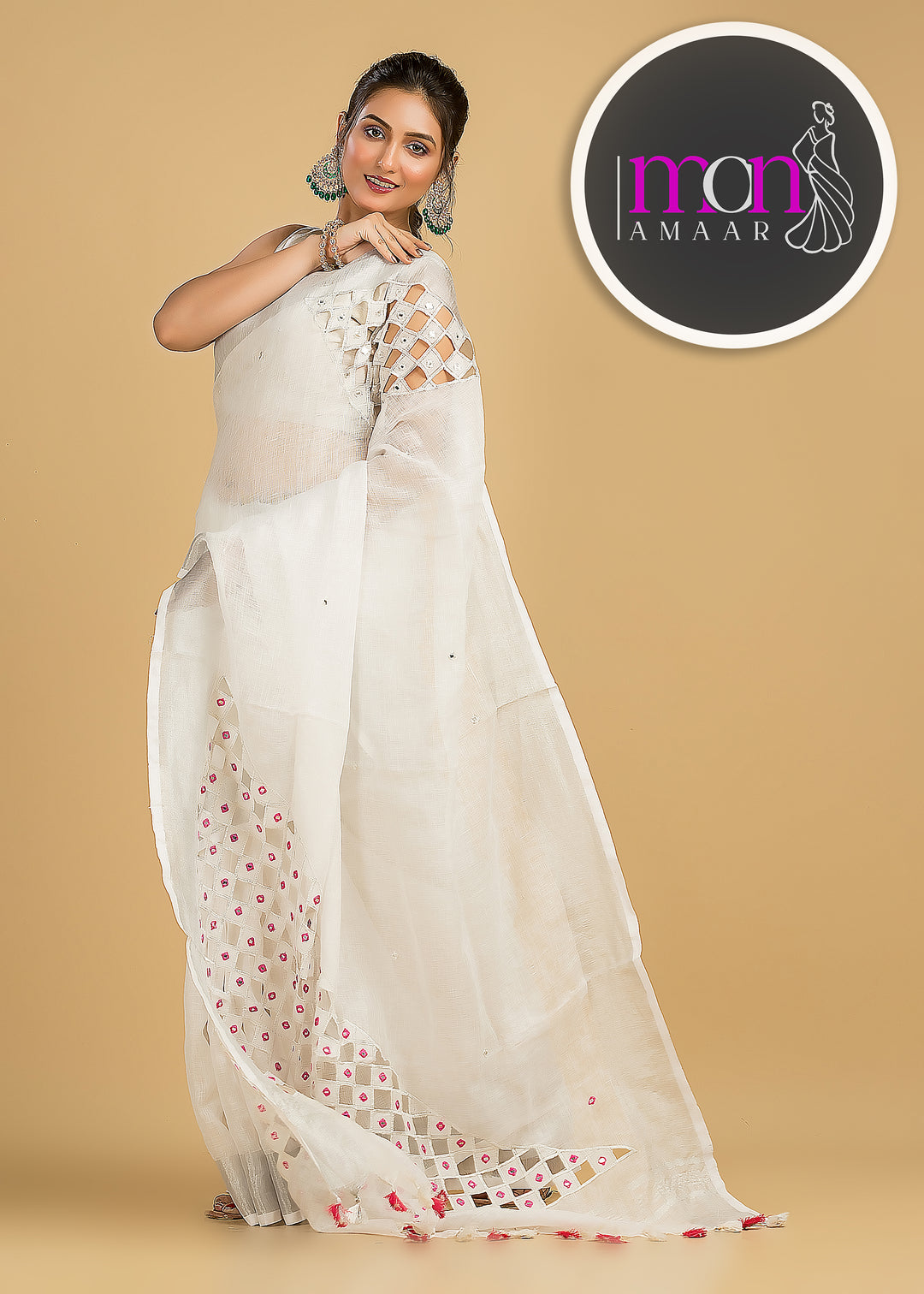 White Air  (Pure  Linen Saree with Cut Work)