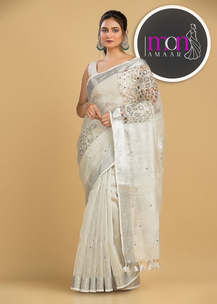 Tree Of Life (Pure Silver Tissue Linen Saree)