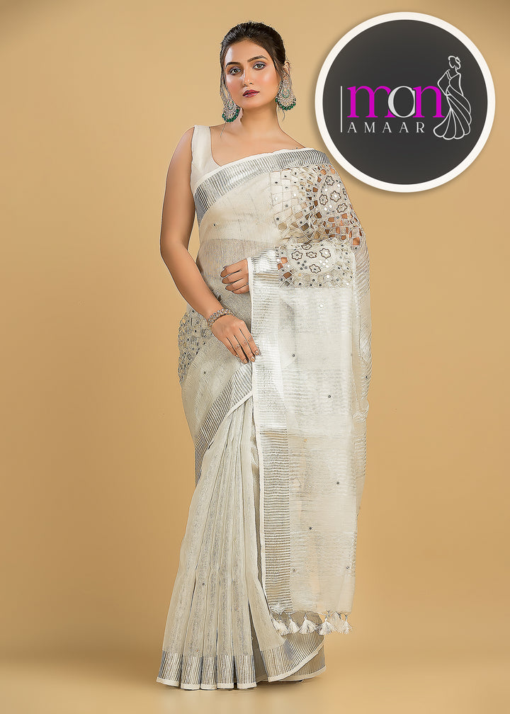 Tree Of Life (Pure Silver Tissue Linen Saree)