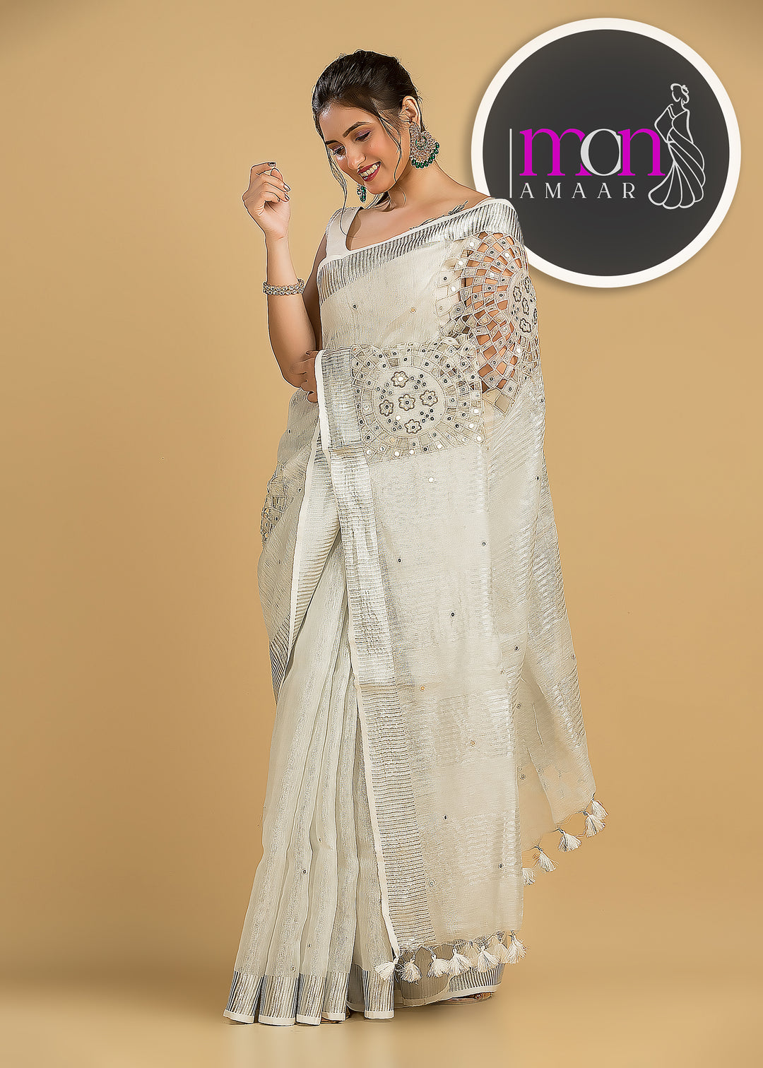 Tree Of Life (Pure Silver Tissue Linen Saree)