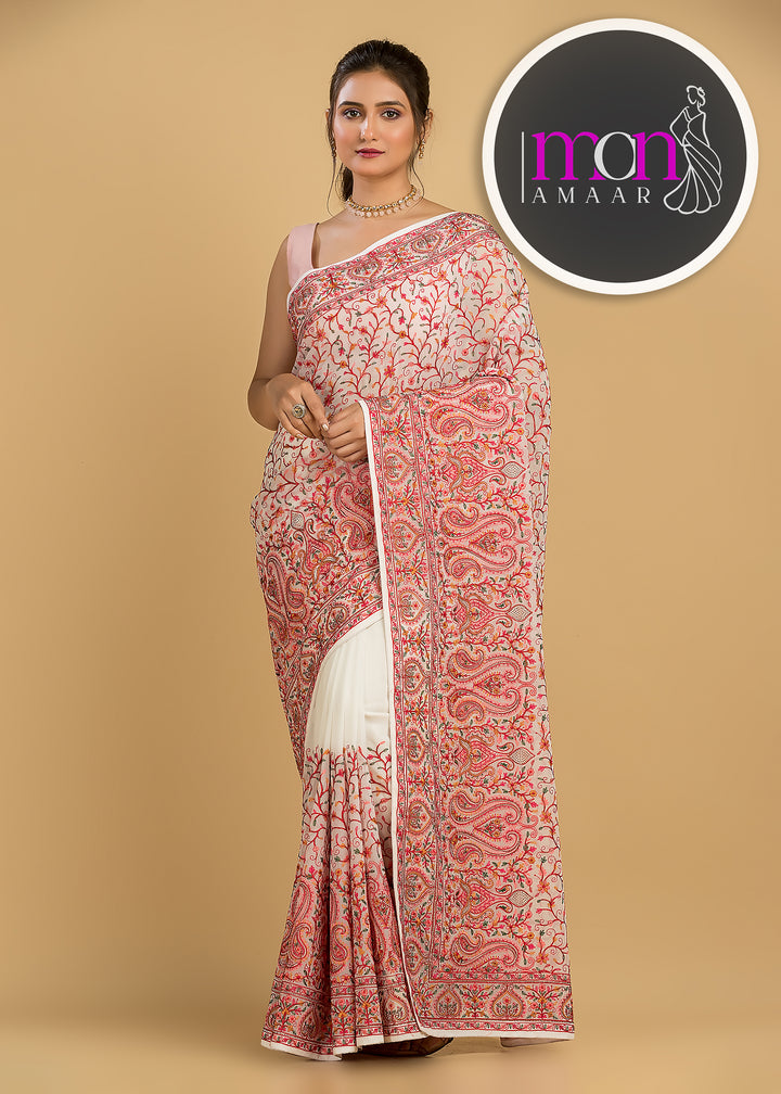 Famous In Embroidery - Designer Georgette Saree(White)