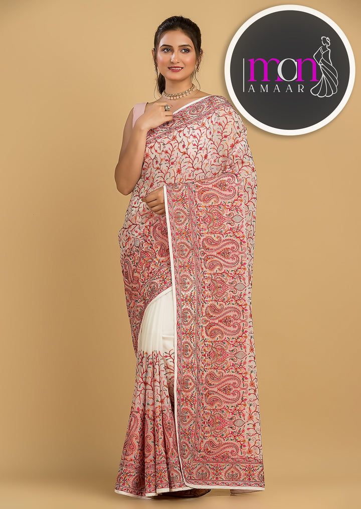 Famous In Embroidery - Designer Georgette Saree(White)