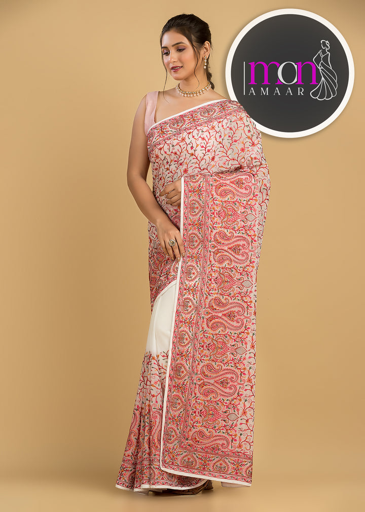 Famous In Embroidery - Designer Georgette Saree(White)