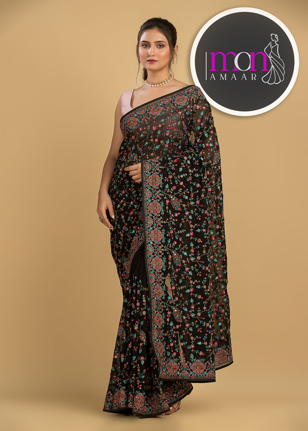 Heaven On Earth Floral Embroidery Saree (Black )