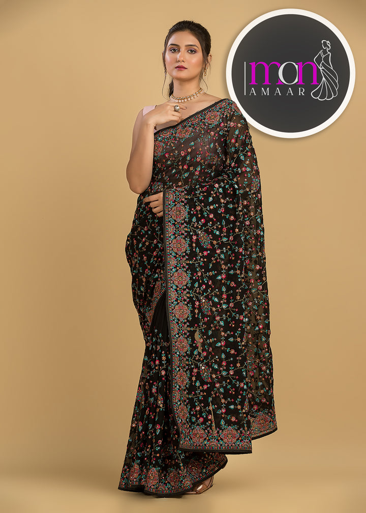 Heaven On Earth Floral Embroidery Saree (Black )