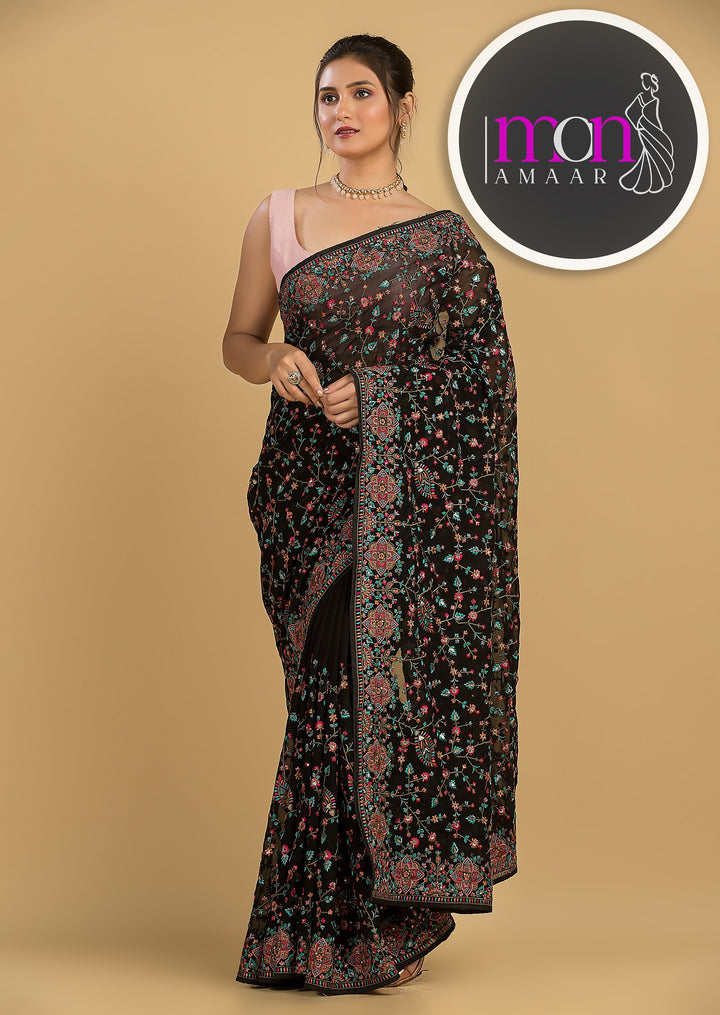 Heaven On Earth Floral Embroidery Saree (Black )